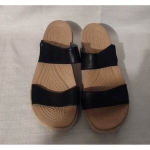 Crocs A-Leigh Wedge Leather Sandal-Women-S8-Navy Blue-Adjustable Straps Comfy